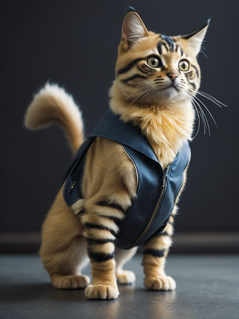 Photorealistic image of a Cat that looks like pikachu in a jumpsuit