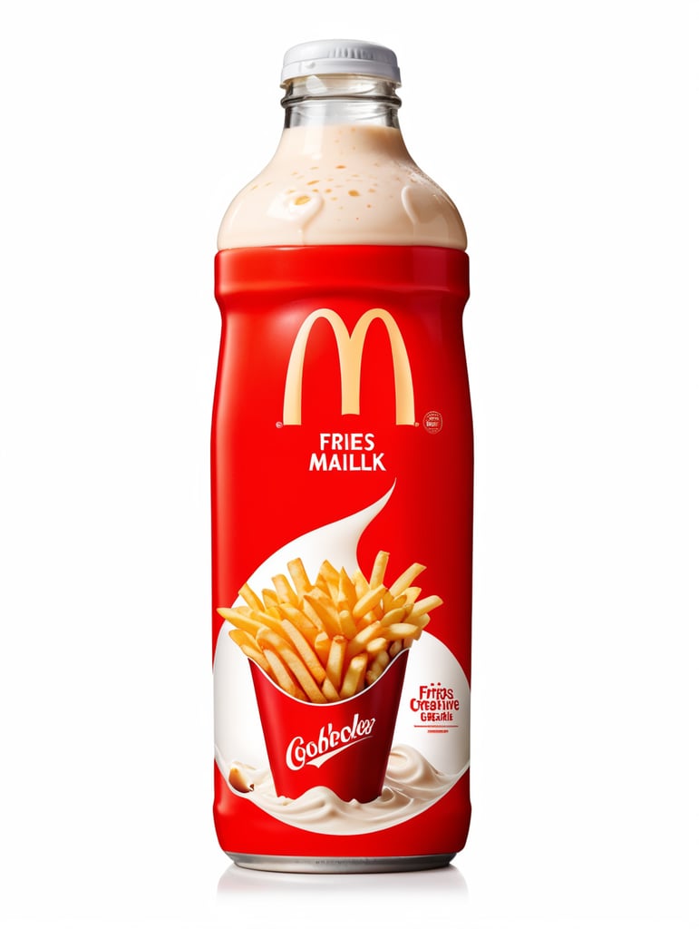An advertisement shot of a Bottle in front of a white background. The bottle has a very dynamic branding of fries and milk blending into a milk shake texture
