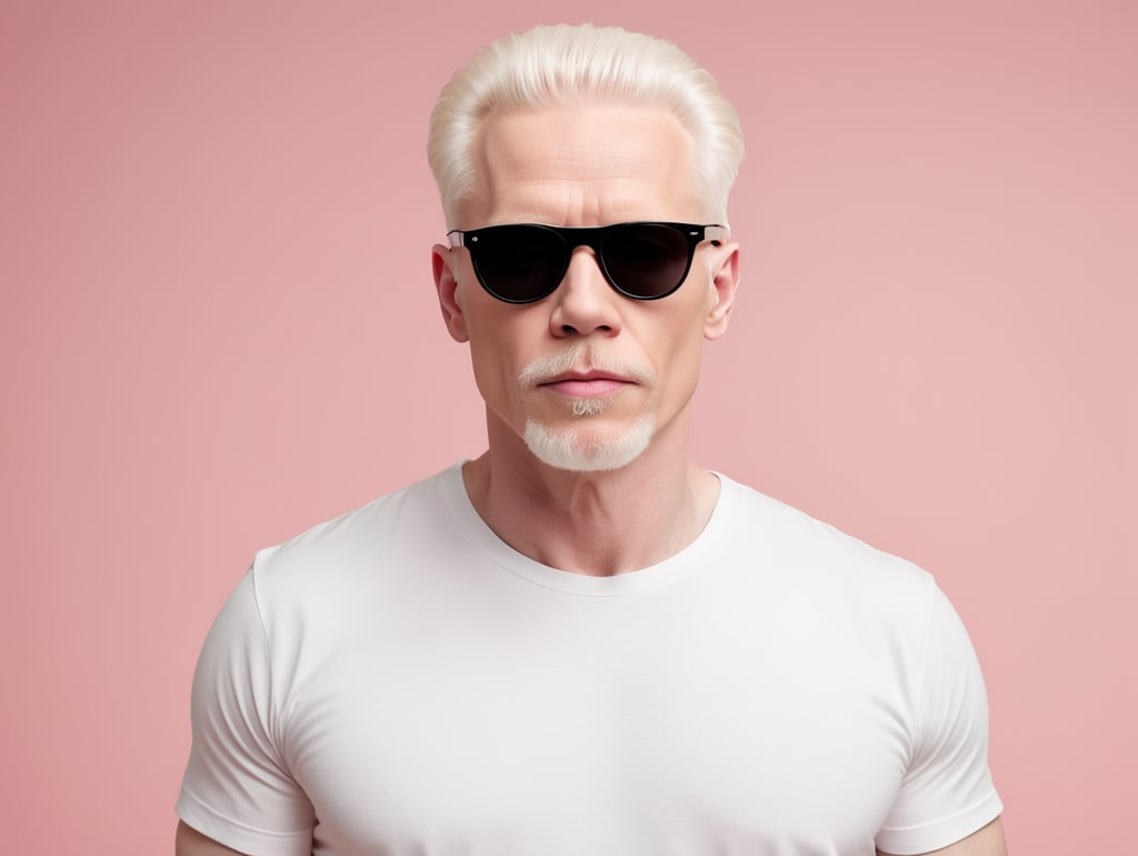 A middle-aged albino man wearing a white T-shirt, wearing black sunglasses, Contrasting studio light, isolated, pink background, mockup, mock up