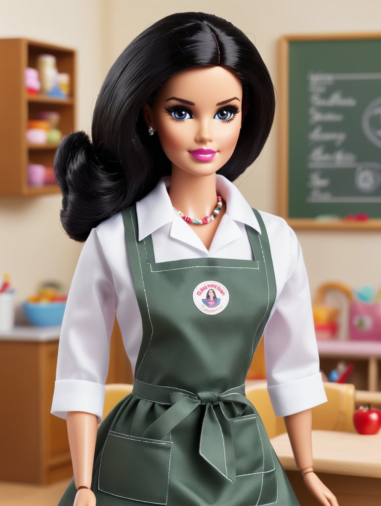 Drawing of an adult Barbie with a primary school teacher's apron, oval face with a thick body, white skin, straight black hair, black eyes