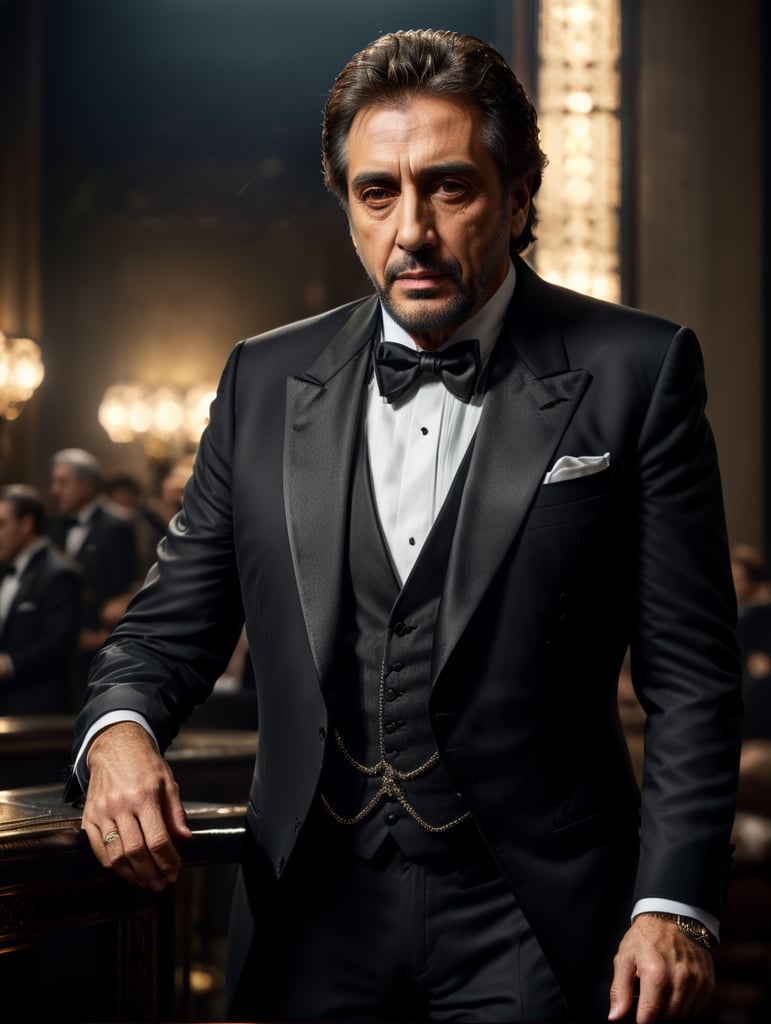 Portrait of al pacino in a bow tie tuxedo, contrasting light, detailed face,
