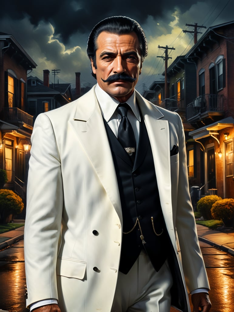 Portrait of an Italian mafioso from the 1970s, in a white suit with a black coat draped over his shoulders, a face with regular features, the Sicilian face of a 50-year-old mafioso with a neat black mustache in a white hat. In the background is the background of old American neighborhoods, highly detailed. Dramatic light. Correct features, front portrait photo.