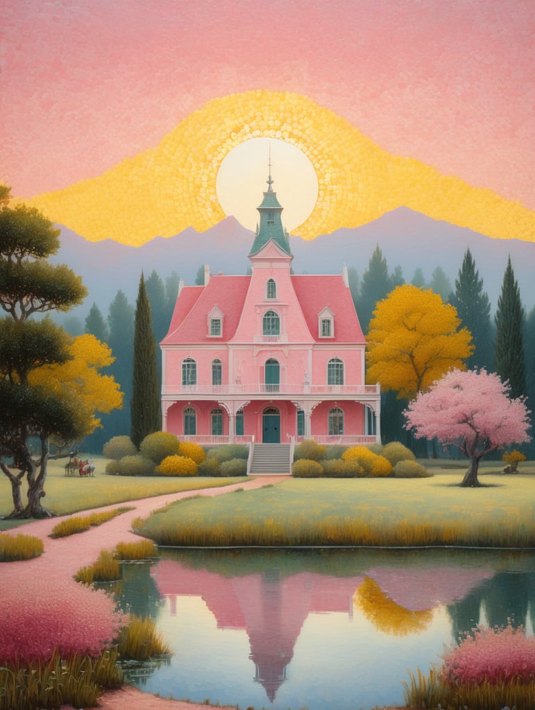 A beautiful crimson sky with a yellow sun painted in the style of Van GoghVan Gogh with light colors in reverse douste, a magnificent landscape in pink and white with a Victorian style mansion painted in pale pastels and whites in the style of Renior, and pointillism technique in the style of George's Seurat Triptych oil painting by Hieronymus Bosch, lost paradise, fantastic, hybrid, absurd