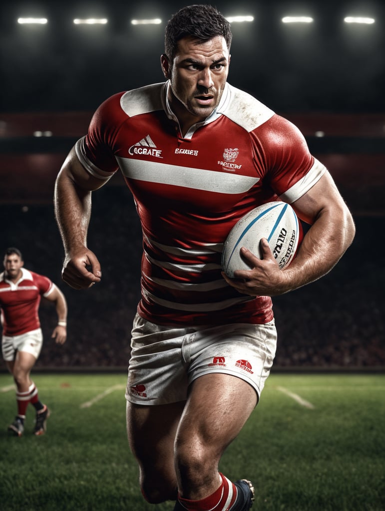a rugby player with square red and white shirt in a rugby field on night drama sport scene, extreme detailed