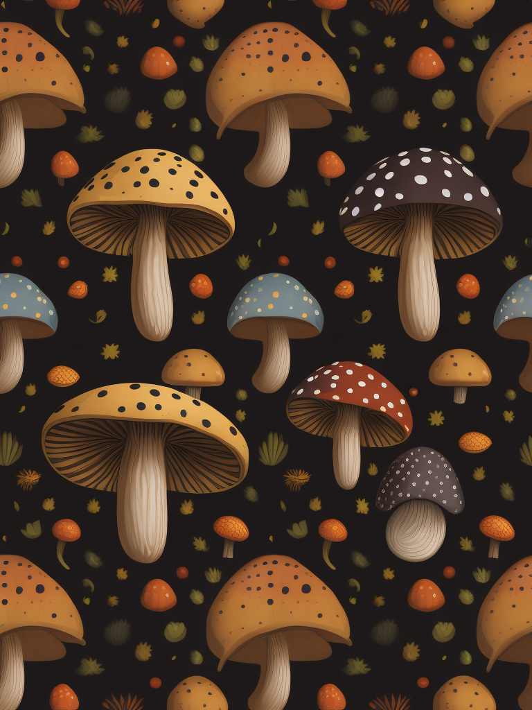 Traditional hand drawn cute funny mushroom with vibrant colors, sets seamless pattern, conceptual unique elegant shapes pattern