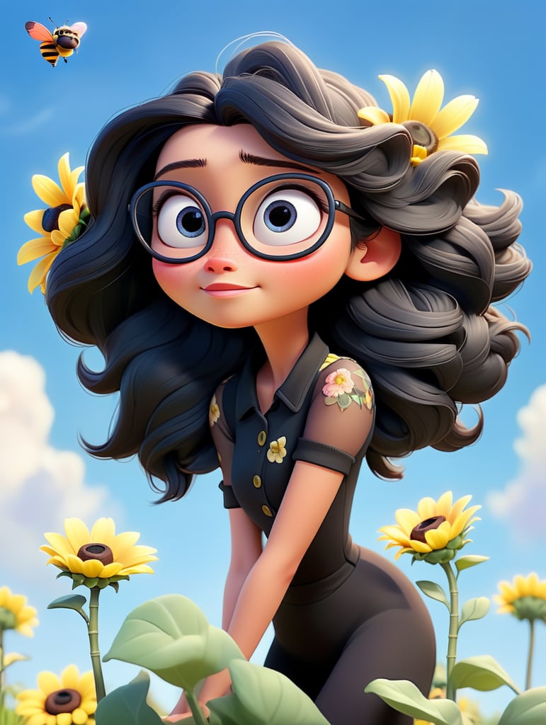 Close-up of bee sitting on a sunflower wearing glasses with blurred blue sky background