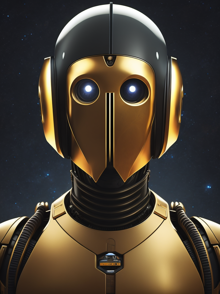 Robot illustration with two faces in the same face, bipolar face, cinematic lightning, like c3po star wars