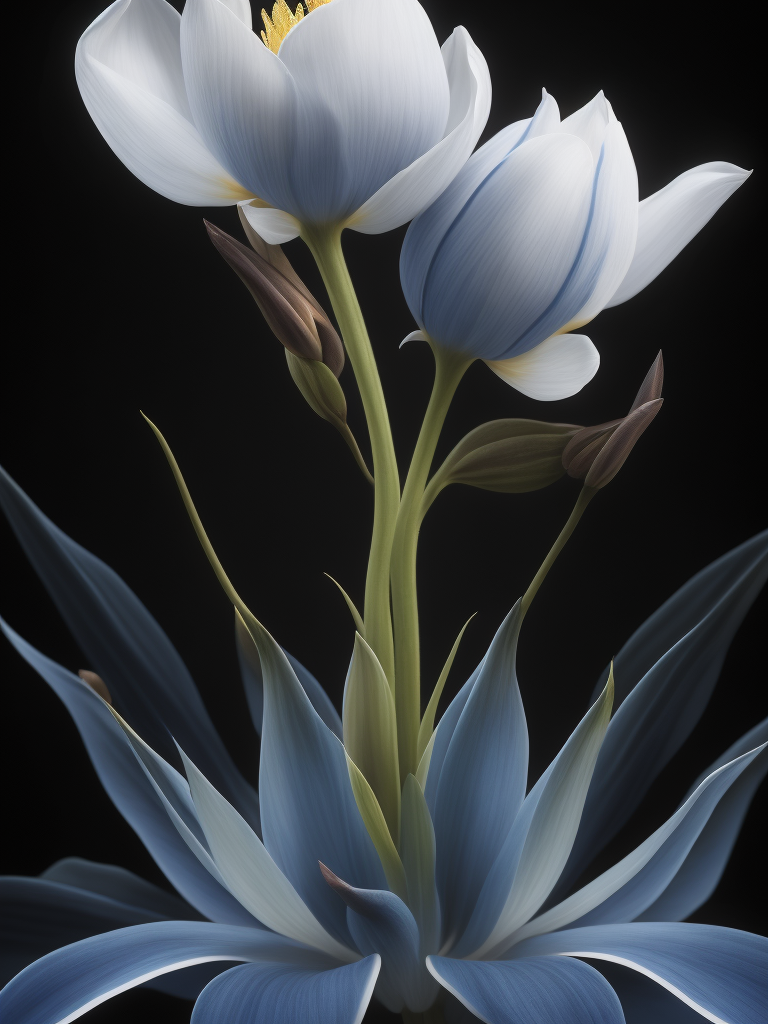 x-ray photo of transparent [lotus bud iris peony sweet peas lilies], white and royal blue, rule of thirds, super macro photography, graceful balance, minimalism of sculptor, ethereal light, black background