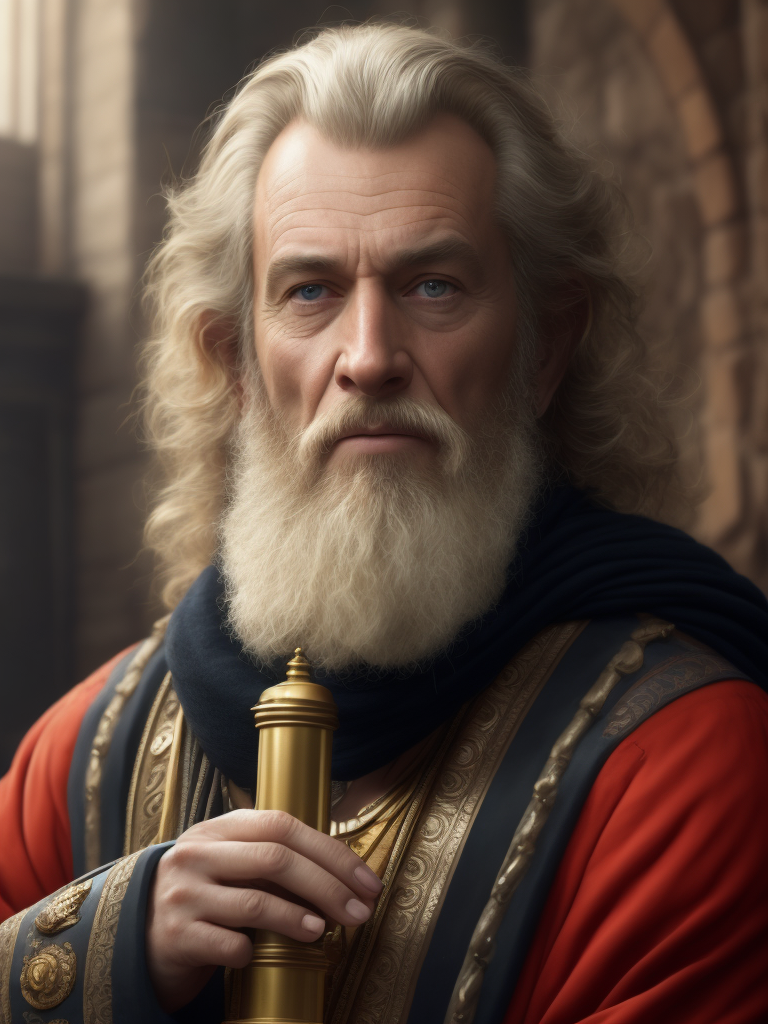 Portrait of a Russian navigator living in the 1400s, Afanasy Nikitin, fair-haired curly beard, blond hair, age 60, dressed in a painted caftan, holding a spyglass