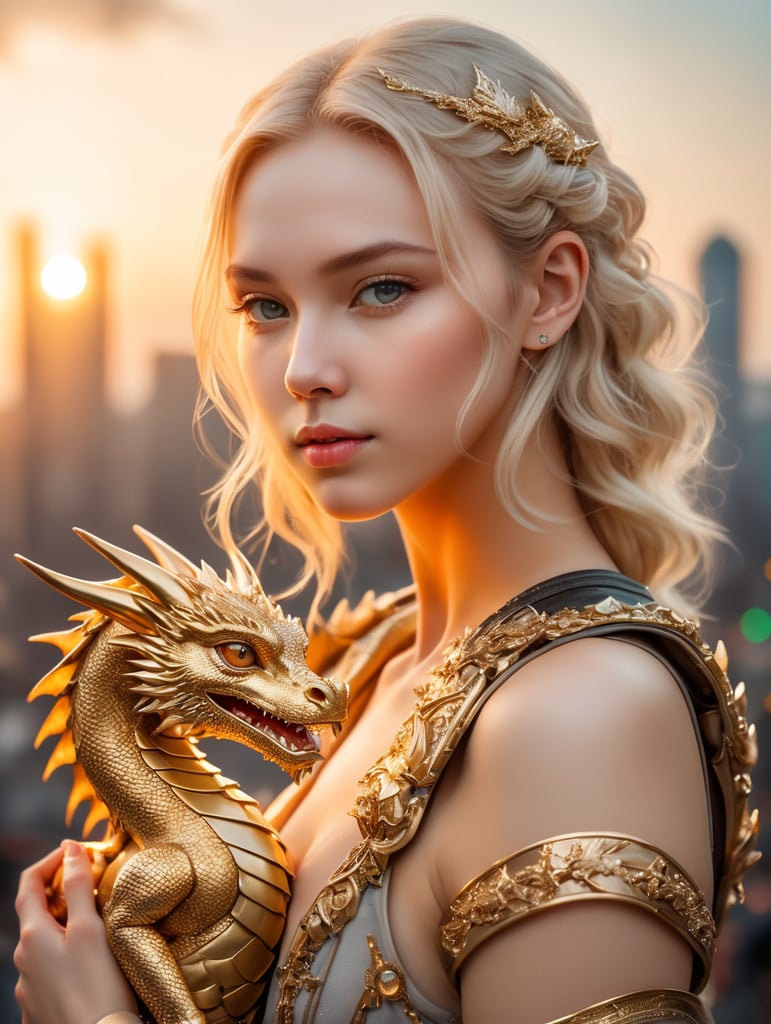 Cute young blonde headed cyberpunk girl holding her golden baby dragon, fantasy, exquisite detail, catch light, low contrast, high sharpness, depth of field, golden hour, ultra detailed photography, shiny stars in the sky