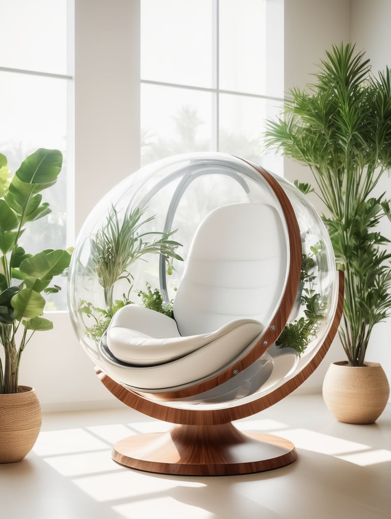 Futuristic sci-fi pod chair, flat design, product-view, exclusive photography, transparent orb, natural lighting, plants around, natural daytime lighting, natural wooden environment