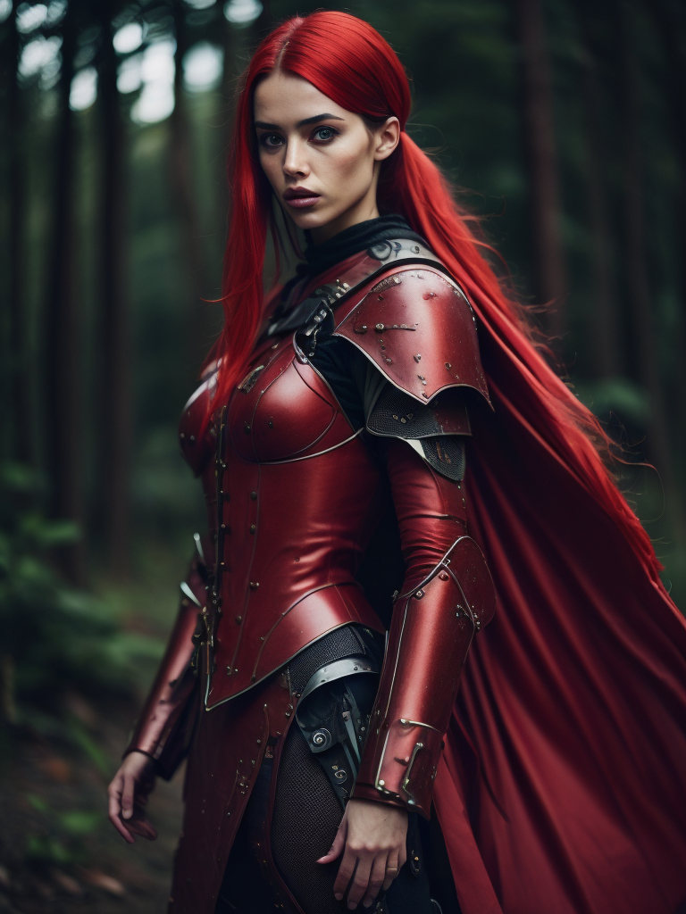 A young beautiful girl in red armor and red hair against the backdrop of a forest in red-burgundy tones, blurred background, focus on the girl, detailed armor, Dramatic Lighting, Depth of field, Incredibly high detailed