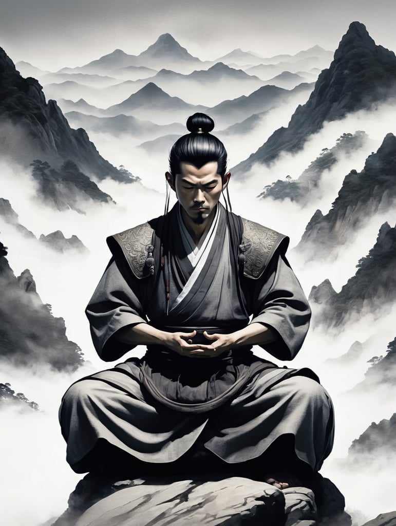 Anime Monk meditating in mountains