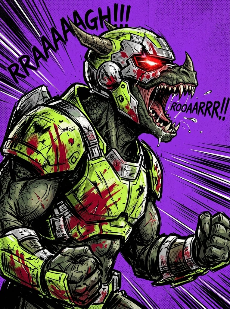 angry reptilian alien warrior roaring in profile, neon green and silver battle armor, shattered cybernetic helmet with glowing red visor, gritty comic book illustration, heavy black inking, dynamic speed lines, prominent halftone textures, thick crimson paint splatters across the armor, solid vibrant purple background, raw energetic brushstrokes, high contrast