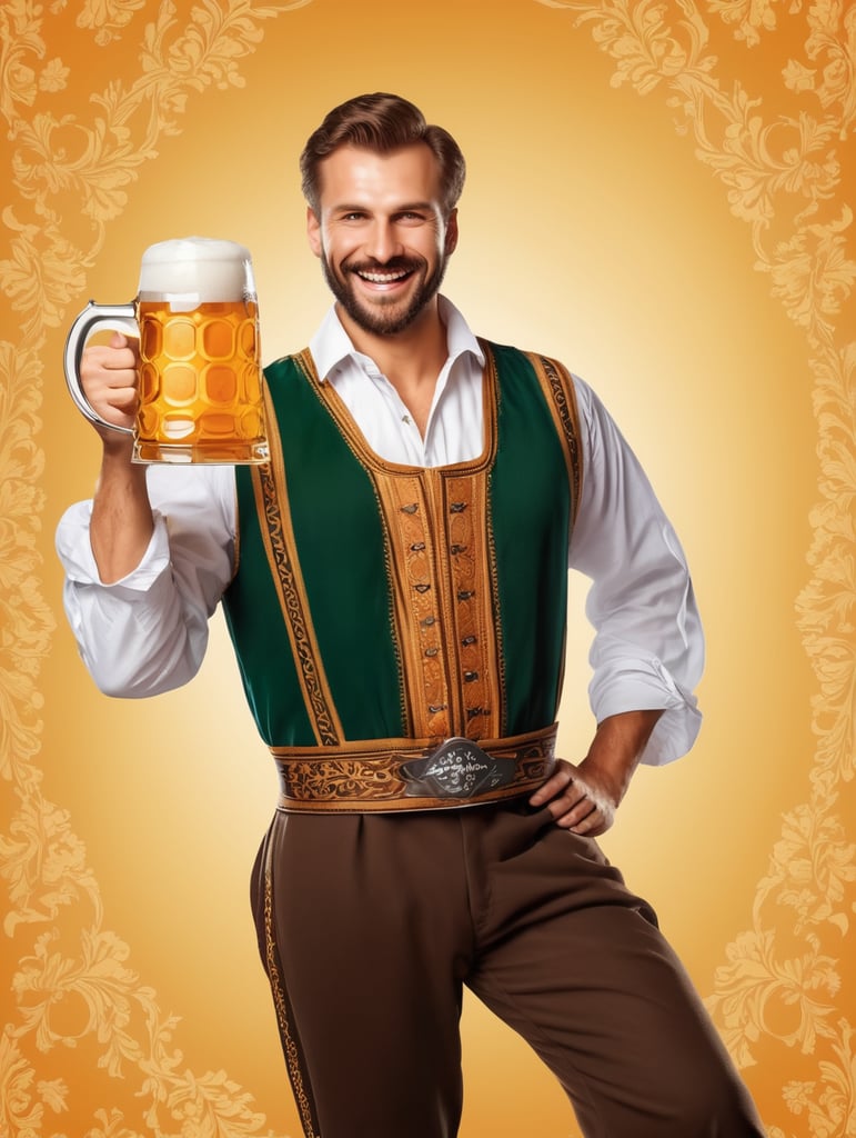 Bavarian man holding a mug of a beer, happy, traditional german costume, Oktoberfest, poster