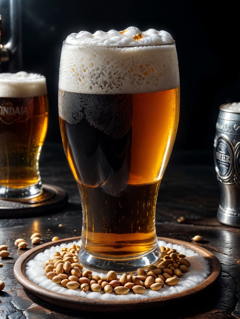 small round stainless steel plate filled with dry peanuts, one gorgeous pint of beer, beer swirl inside glass, one inch of white foam on top, transparent beer, frozen glass, advertisement, highly detailed