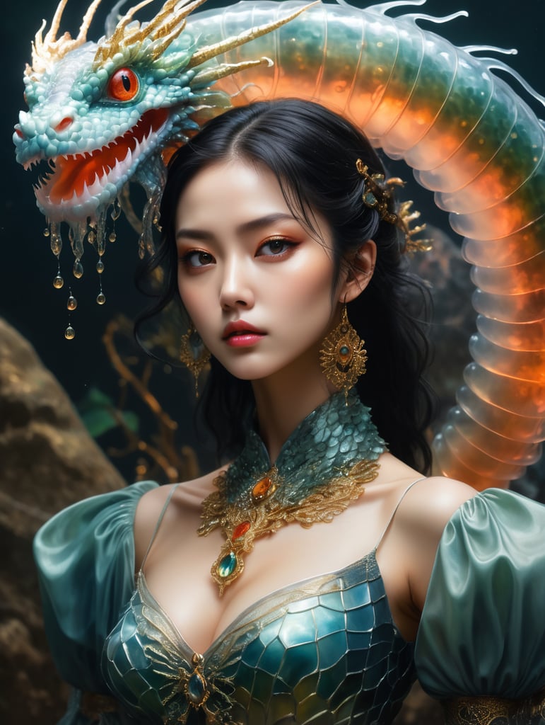 RAW photo, best quality), (realistic, photo-Realistic:1.3), full body, Water dragon, fasterpiece, beautiful and aesthetic, 16K, (HDR:1.4), high contrast, (vibrant color:1.4), (muted colors, dim colors, soothing tones:0), cinematic lighting, ambient lighting, sidelighting, Exquisite details and textures, cinematic shot, Warm tone, (Bright and intense:1.2), ultra realistic illustration,Portrait of a ghostly jellyfish, shiny aura, highly detailed, gold filigree, intricate motifs, organic tracery, by Android jones, Januz Miralles, Hikari Shimoda, glowing stardust by W. Zelmer, perfect composition, smooth, sharp focus, sparkling particles, lively coral reef background, inspired by necronomicon art | botanical art | Egon Schiele | Luis Royo, eye-catching, artistic, ominous colors, masterful shadows, hyper details, hyperrealistic, otherworldly, eerie steampunk landscape, by Yoshitaka Amano | yoji shinkawa:2.0, staring at viewer, black baccara:2.0, mosaic glass scales, anime-inspired character, hypnosis gaze,