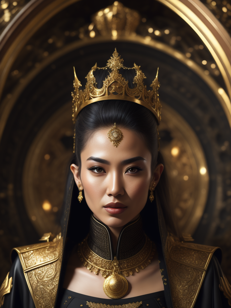 hyper-realistic, ultra-detailed photograph of asian woman with arabic fashion black cloak and gold crown with beautiful fly bird in the Renaissance ottoman throne kingdom, photo realistic, golden jewelry, shiny, sunlight fractal details, depth of field, HOF, hall of fame, detailed gorgeous face, apocalyptic environment, natural body posture, professional photographer, captured with professional DSLR camera, trending on Artstation, 64k, ultra-detailed, ultra-accurate detailed, bokeh lighting, surrealism