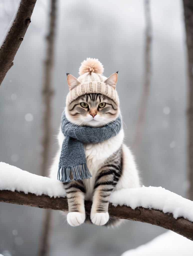 A cat sitting on a snowy branch wearing a woolly hat and scarf