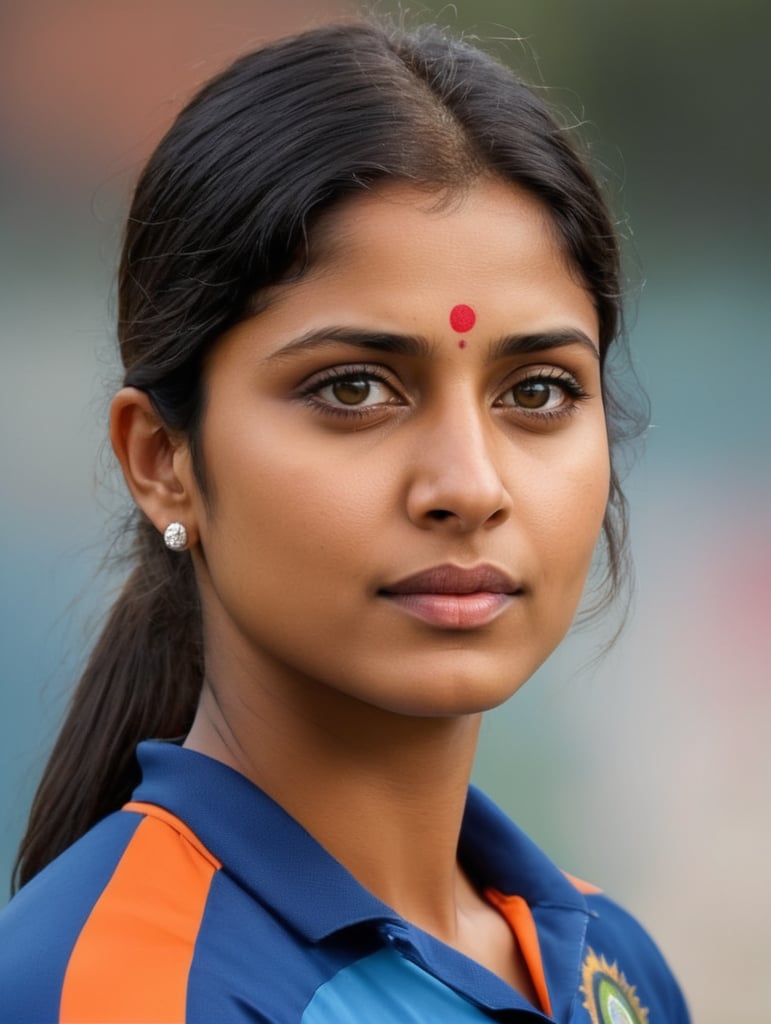 Mitali Raj, Indian cricketer - Abstract form, bold fast patch work colors, full patch colur work technique portrait side face, no make up, natural style of face & hair, no bindi