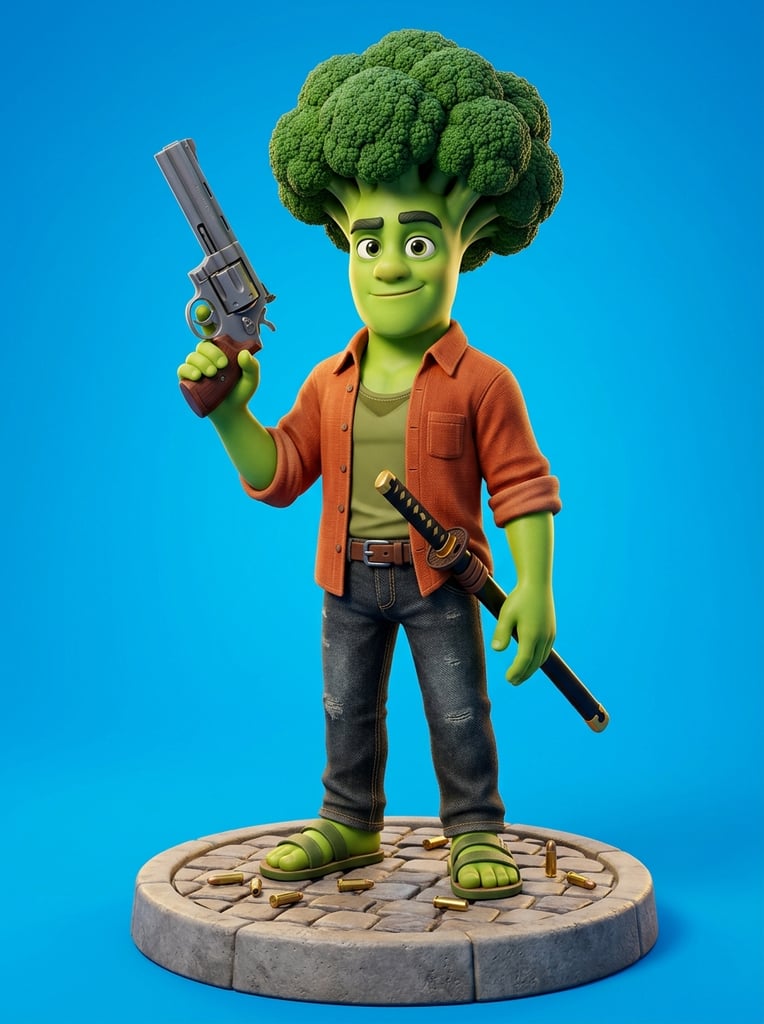 A stylized 3D humanoid with green skin and a large broccoli head stands on a circular paved base against a solid blue background. Wearing an open orange shirt, green tank top, and textured jeans, he casually holds a massive grey revolver upward. A sheathed katana rests at his hip. The polished toy-like rendering features vibrant lighting and scattered bullet casings around his green sandals.