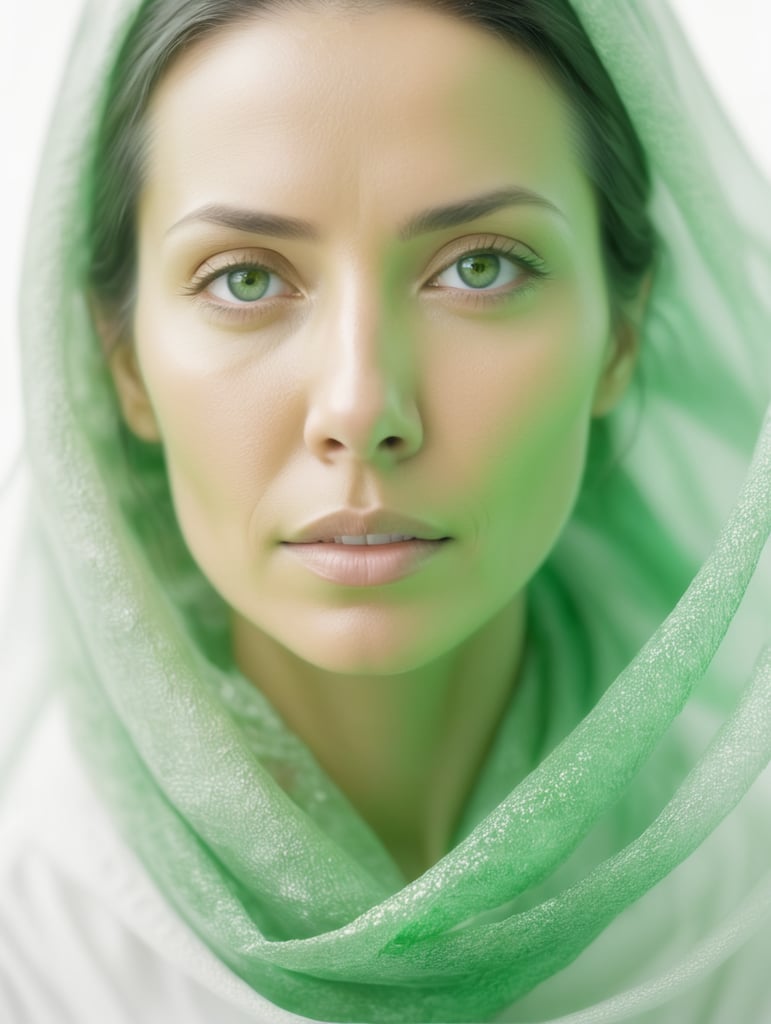 Portrait of a woman experiencing spiritual experience, wrapped green film
