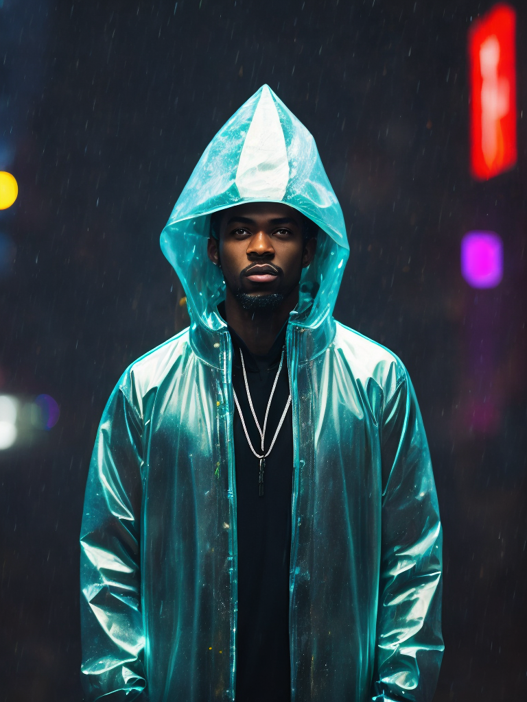 a black man wearing ((transparent raincoat)), under the rain, ultra realistic, neon lights