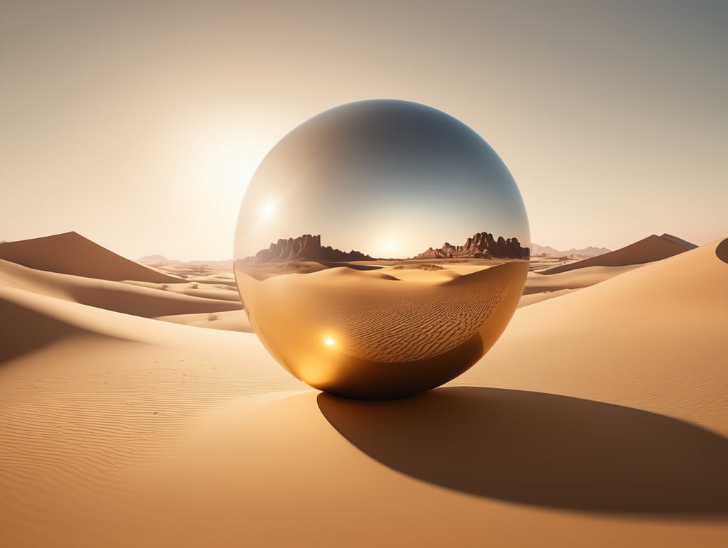 Create a surreal 3D image of a vast desert landscape with a single, oversized metallic object (e.g., a reflective sphere or floating cube) suspended in the air. The object casts a realistic shadow on the sand. The lighting is soft, resembling the golden hour, with a hazy, atmospheric background. The scene conveys a dreamlike, ethereal quality.