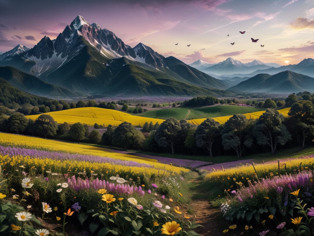 Draw a field with mountains in the background, a yellowish purple sky, a flowery field with different flowers, and butterflies, with some butterflies closer to the viewer's view. The style has to be like a realistic photo