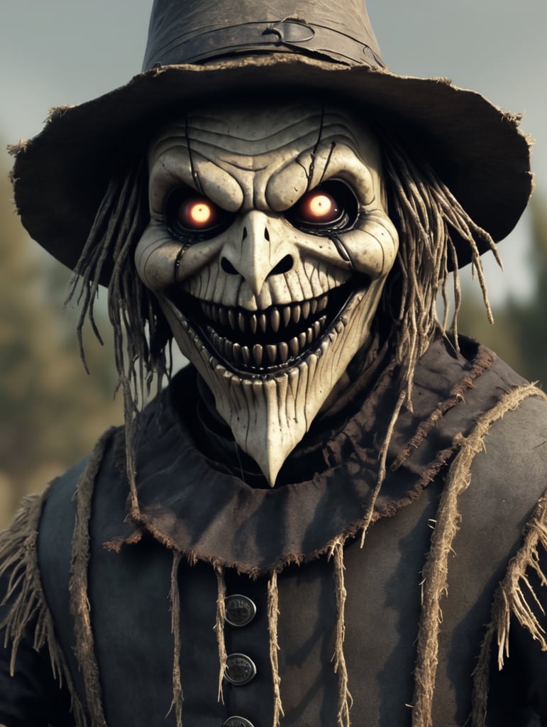 generate a 3d animated horror scarecrow with dark colors involved. Leave his mouth open with no teeth and smiling.