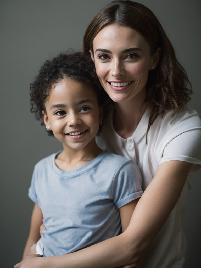 Woman wearing White T-Shirt, Smiling While Her Daughter Hugs Her