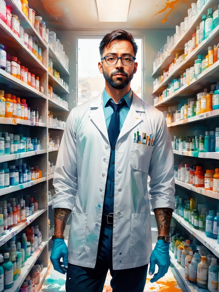 full standing centered Portrait of a Pharmacist, bright and saturated colors, highly detailed, sharp focus, Bright expressive, Depth of field, Incredibly high detailed, on a white background