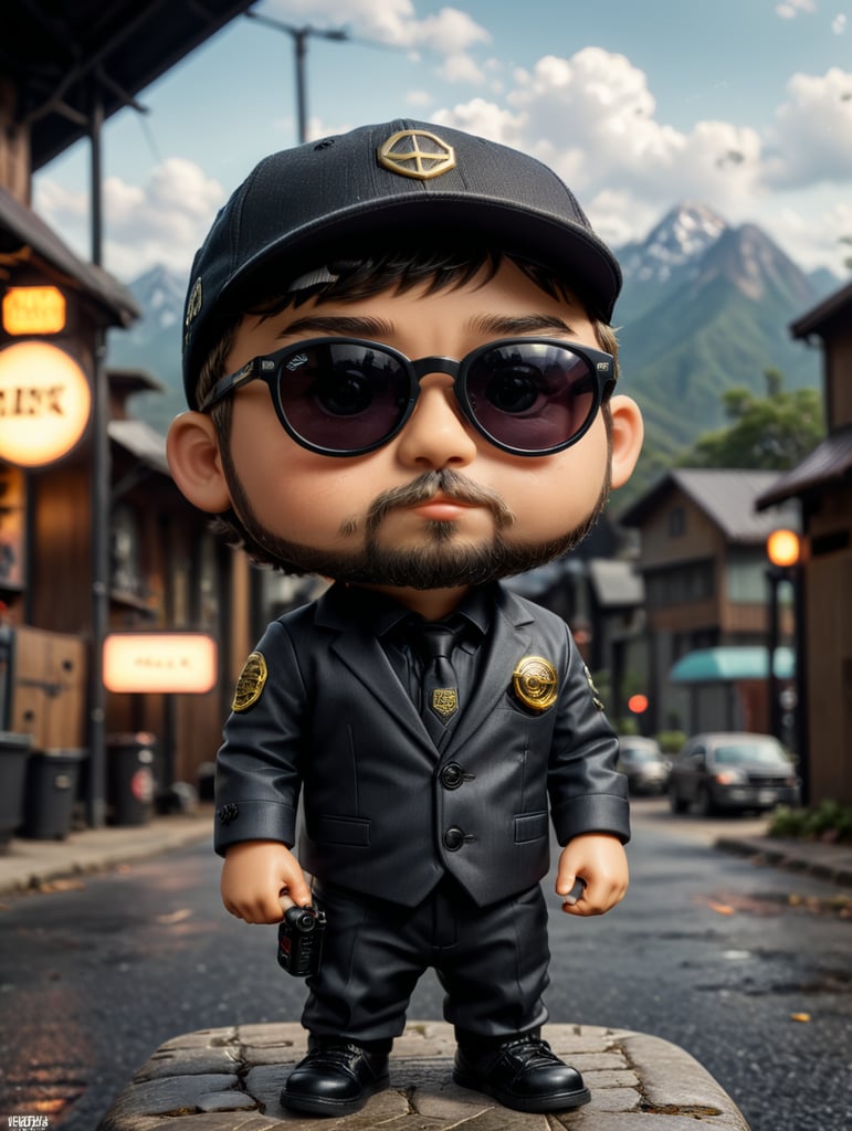 short haired bearded little boy with snap back on head and black glasses funko pop with Design emblem saying "atmost design " on his suit.