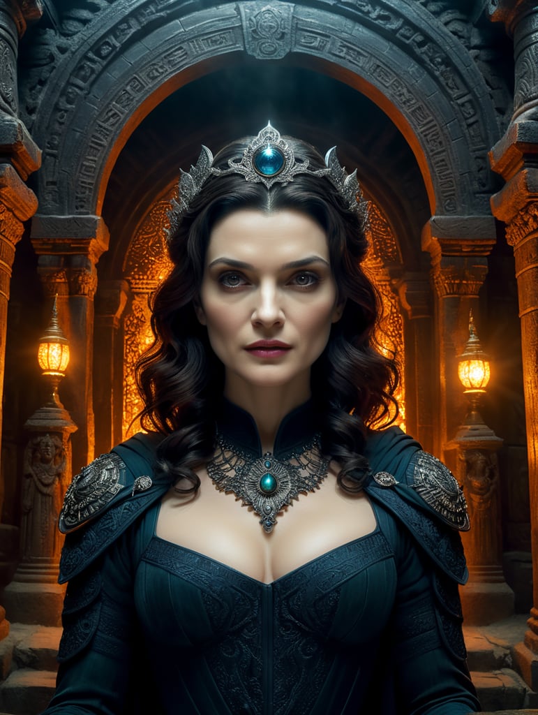 By Neil Gaiman and Guillermo del Toro, visualize Rachel Weisz as a mystic seer, unveiling otherworldly prophecies in a haunted, ancient temple on Halloween night, eerie, mystical, Halloween, cinematic photography, action shoot, movement, epic, high definition