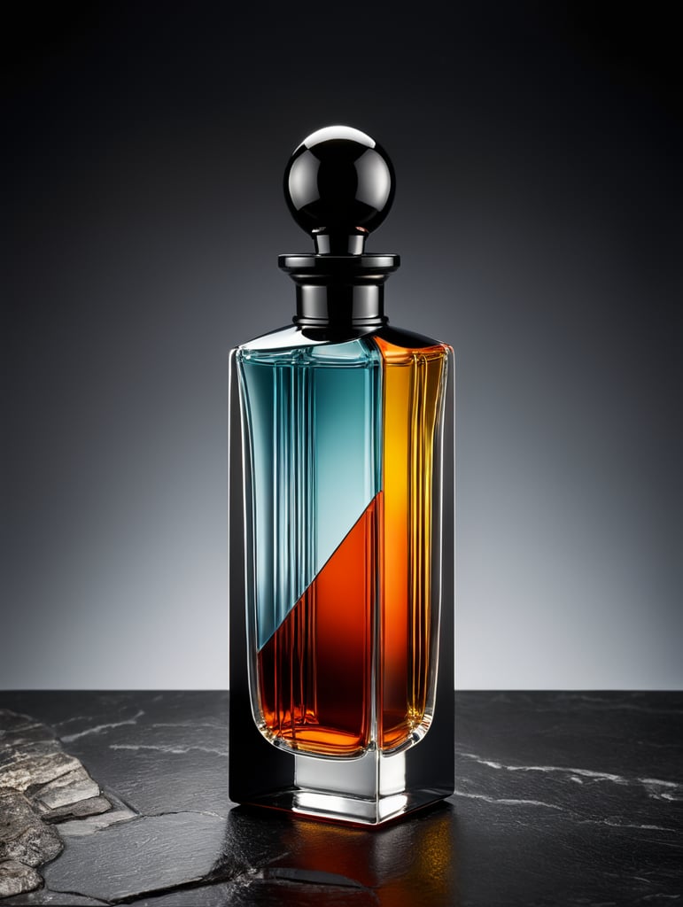 Very tall glass perfume bottle with close-knit vertical texture and metal black stopper inspired by the architecture of Luis Barragan and vibrant, minimalist colors. A front view placed on a stone in a commercial photography design set