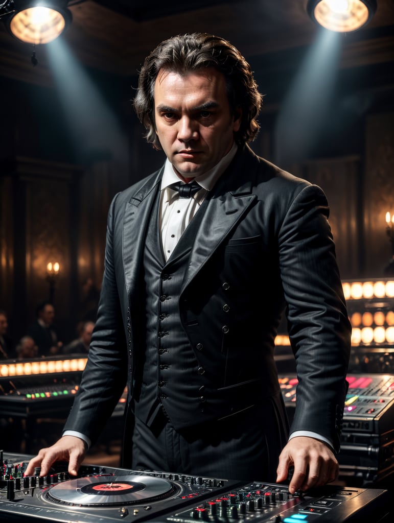 Ludwig van Beethoven in a 18th century black suit making music on a dj table