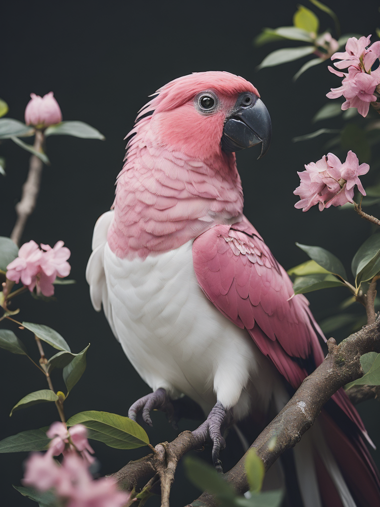 pink and white cest galah cockatoo bird in a tree with green leaves and flowers, fantasy animation, for children book illustration, cute big circular reflective eyes, pixar render, Vibrant colors, Depth of field, Incredibly high detail