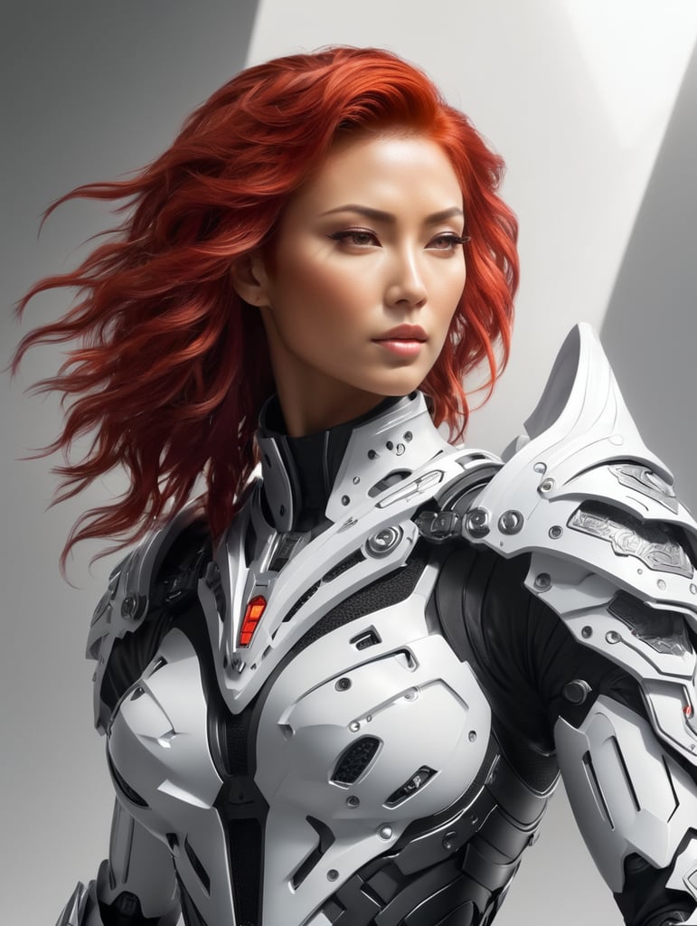 Cyberpunk, sci-fi woman, fantasy, kodak portra 400, 8k, soft light, volumetric lighting, highly detailed, goddess of victory style, skin formed by digital optical fiber, intricate, elegant, highly detailed, digital painting, concept art, smooth, sharp focus, comic illustration,thick,full body, black armor, red hair, muscular