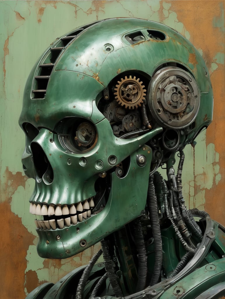 a thin robot painted in a dull and rusty green, with scratches and peeling marks, a screaming human skull fits inside a cracked glass dome, all corrugated and exposed gears, freehand drawing, stripped lines, artist style Ashley Wood