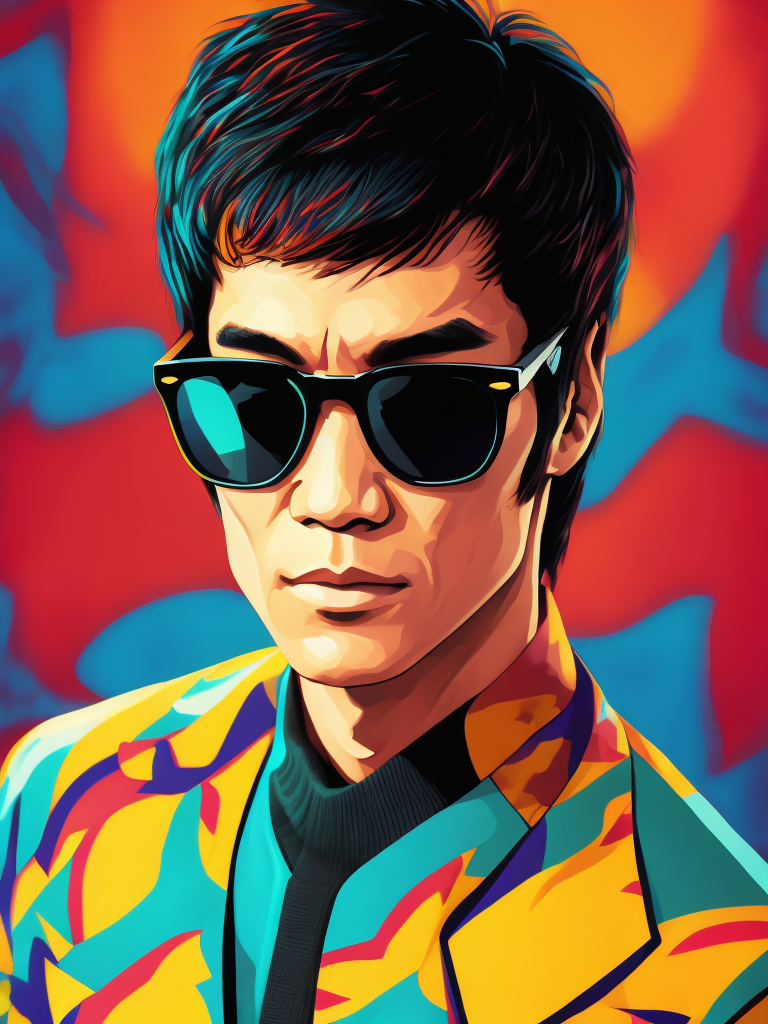 Bruce Lee wearing a brightly patterned jacket and wayfarer glasses, Vivid saturated colors, Contrast color