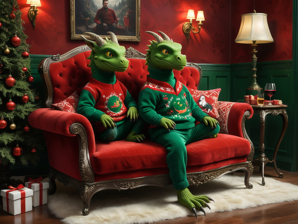 Green Draco seating on a red velour sofa. Draco wear a red christmas sweater.Draco wear a glasses and has a glass of red wine. It has a christmas interior. A backside wall has a picture with Poutin's portrait