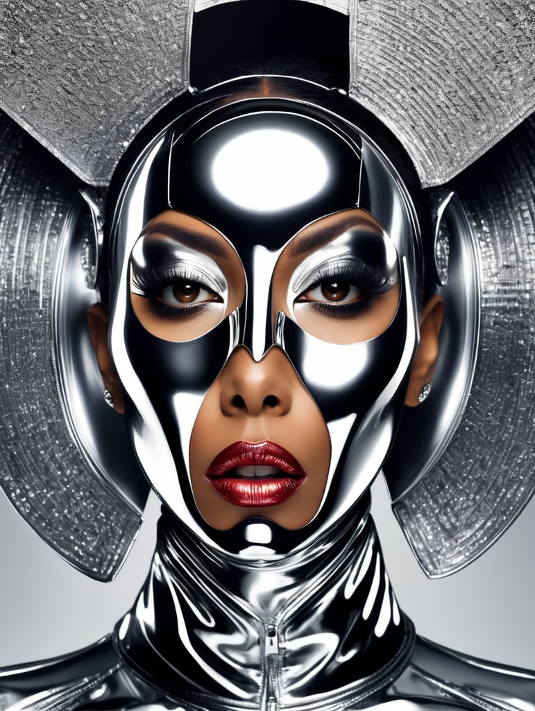 Donyale luna, avant-garde, simplygo, photoshoot spread, dressed in all chrome, foil background, harpers bizarre, cover, headshot, hyper realistic