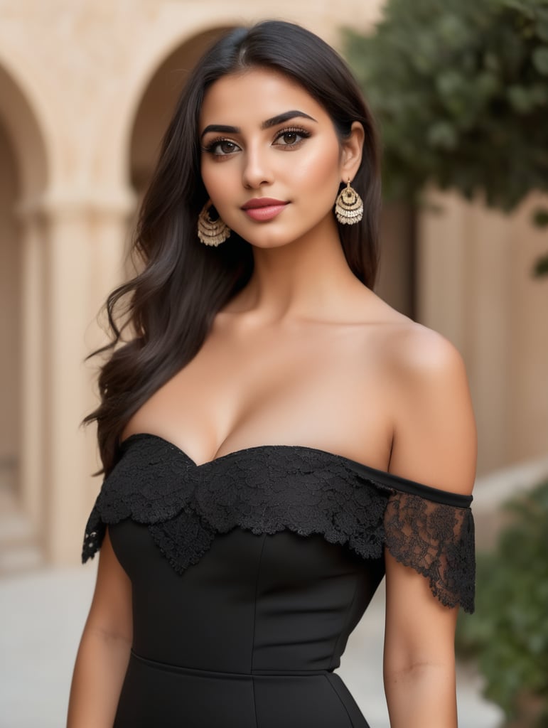 Palestinian girl aged 28 years old wearing off shoulder elegant black mini dress