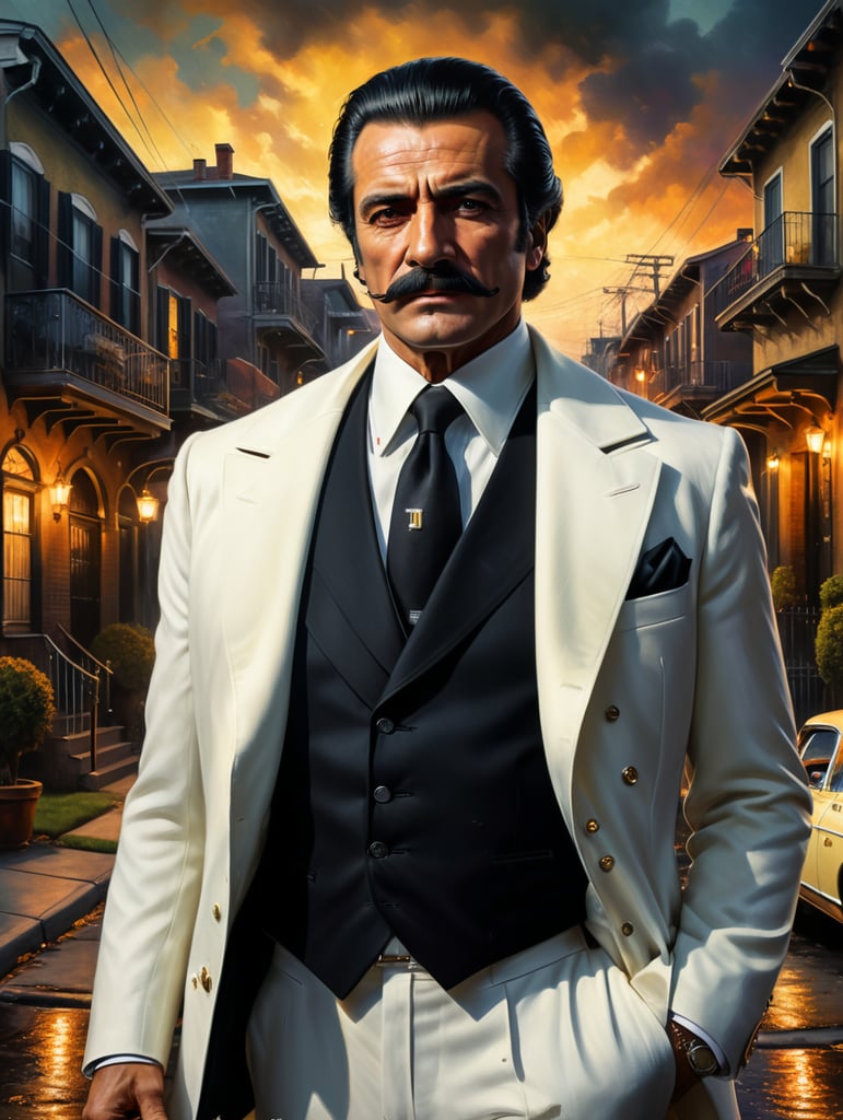 Portrait of an Italian mafioso from the 1970s, in a white suit with a black coat draped over his shoulders, a face with regular features, the Sicilian face of a 50-year-old mafioso with a neat black mustache in a white hat. In the background is the background of old American neighborhoods, highly detailed. Dramatic light. Correct features, front portrait photo.