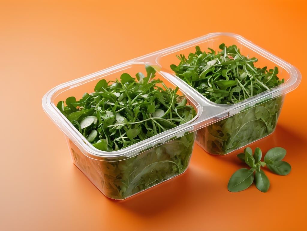 blank Transparent Plastic Container with Arugula Salad, isolated, orange background, Modern presentation, Mockup, mock up