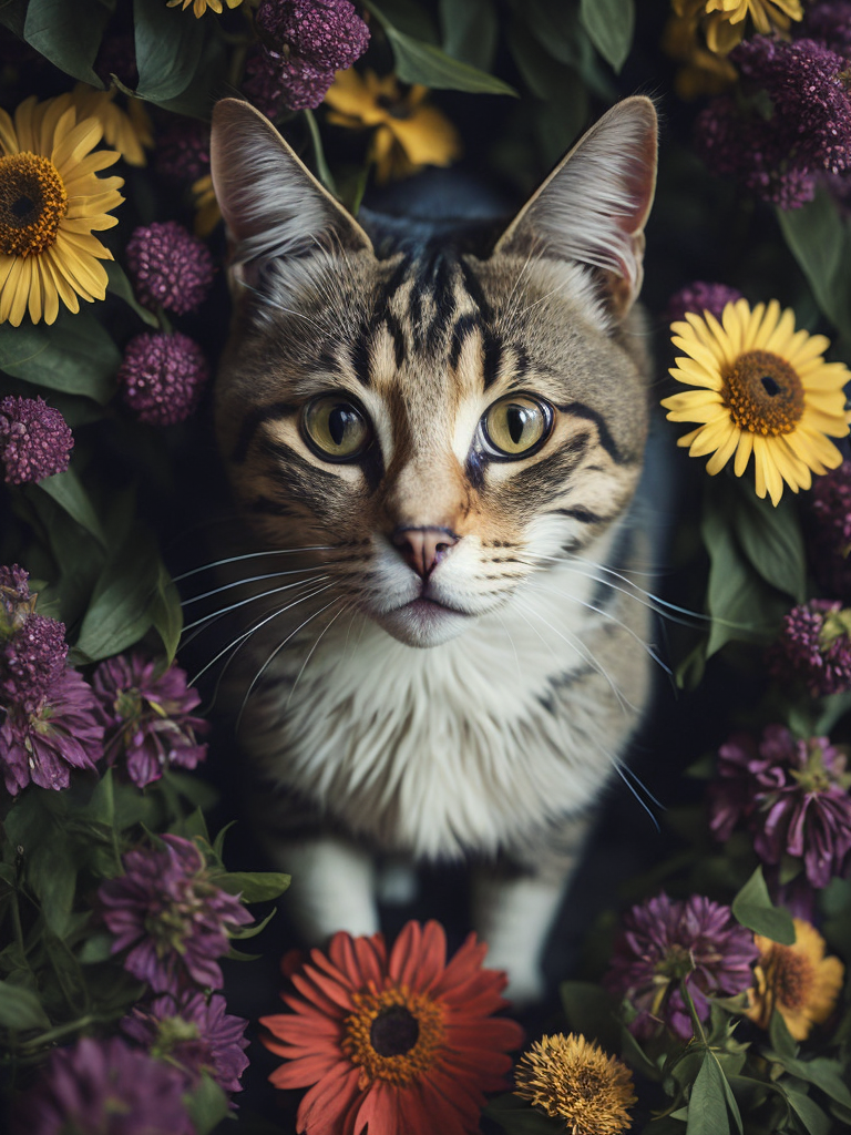 A cat is surrounded by flowers and flowers in a pile of them, looking up at the camera, a stock photo, conceptual art, photorealistic