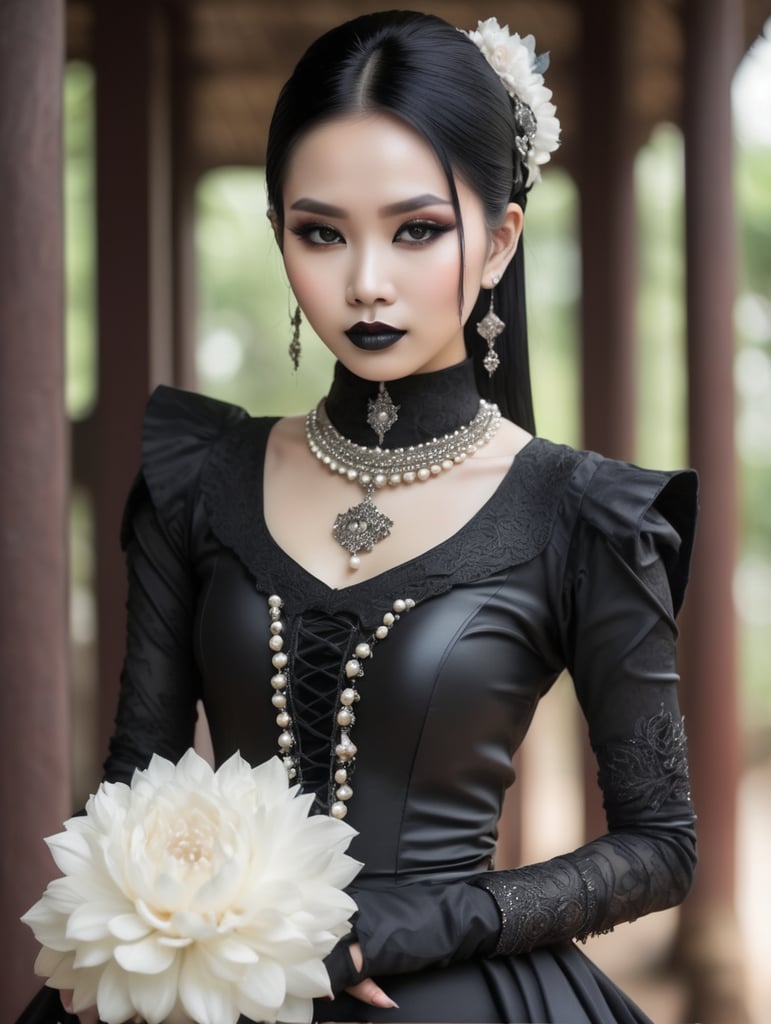 Thai woman wears a goth outfit, pearl white skin