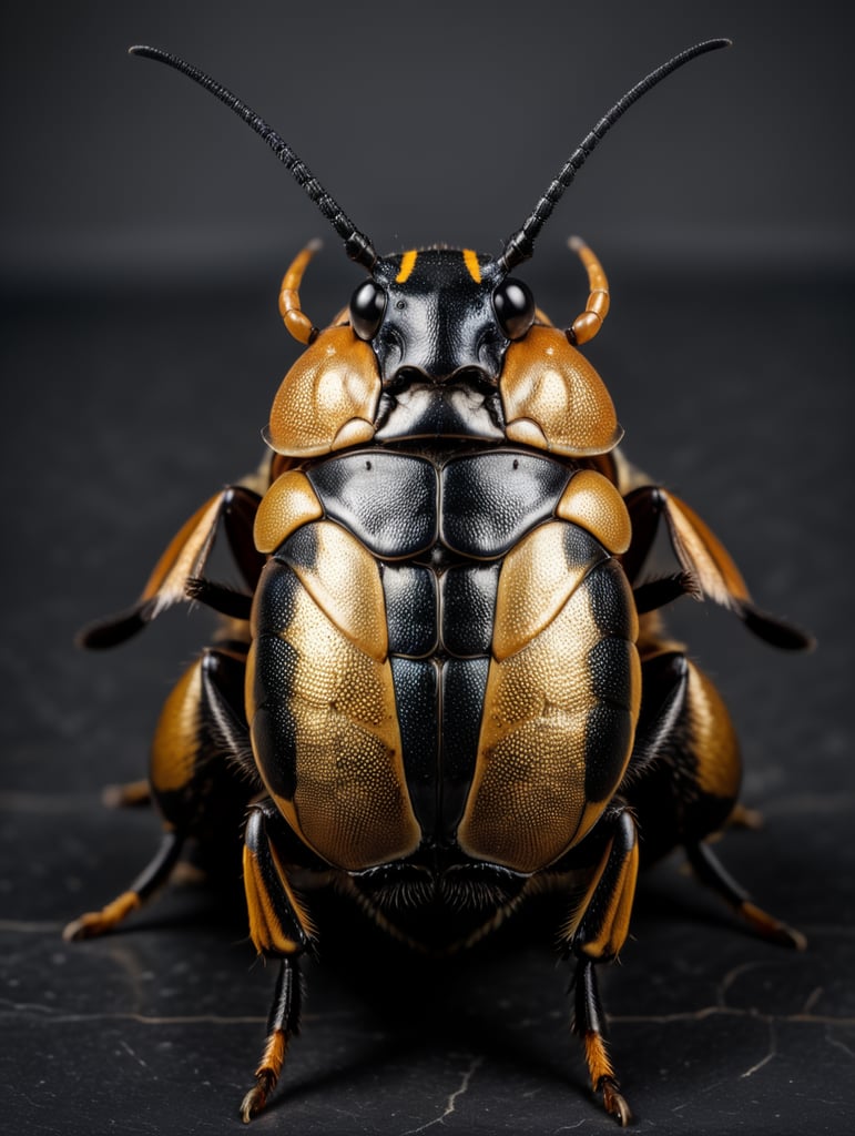 beautiful Goliath beetle, metallic, dark black background, incredibly detailed, overhead view, vibrant, dramatic lighting