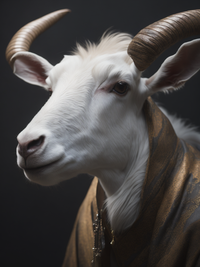 Portrait of a goat's head wearing a catholic pope's dress, cinematic lighting, cyberpunk, octane render, color grading, shot on 35 mm lense, depth of field, dof, tilt blur, shutter speed, white balance, super resolution, hdr, megapixel, pro photo rgb, halfrear lighting, backlight, natural lighting, incandescent, optical fiber, moody lighting, global illumination, path tracing, studio lighting, soft lighting, -ray tracing --diffraction grading --chromatic aberration --gb displacement --ambient occlusion --txaa --post processing -- cell shading --tone mapping --cgi --vfx--insanely detailed and intricate
