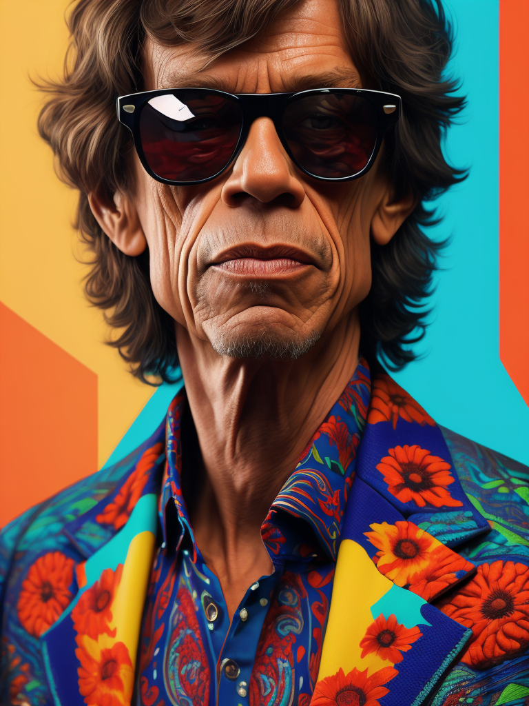 Mick Jagger wearing a brightly patterned jacket and wayfarer glasses, Vivid saturated colors, Contrast color